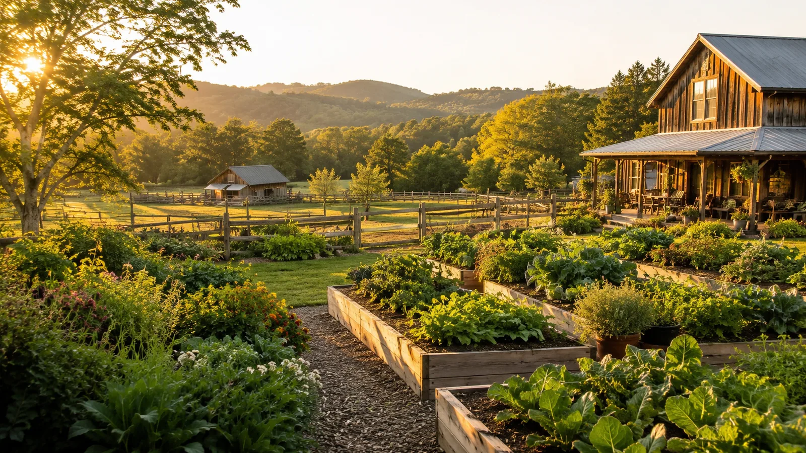 Warm homestead at golden hour, with a farmhouse, garden beds, and rolling hills
