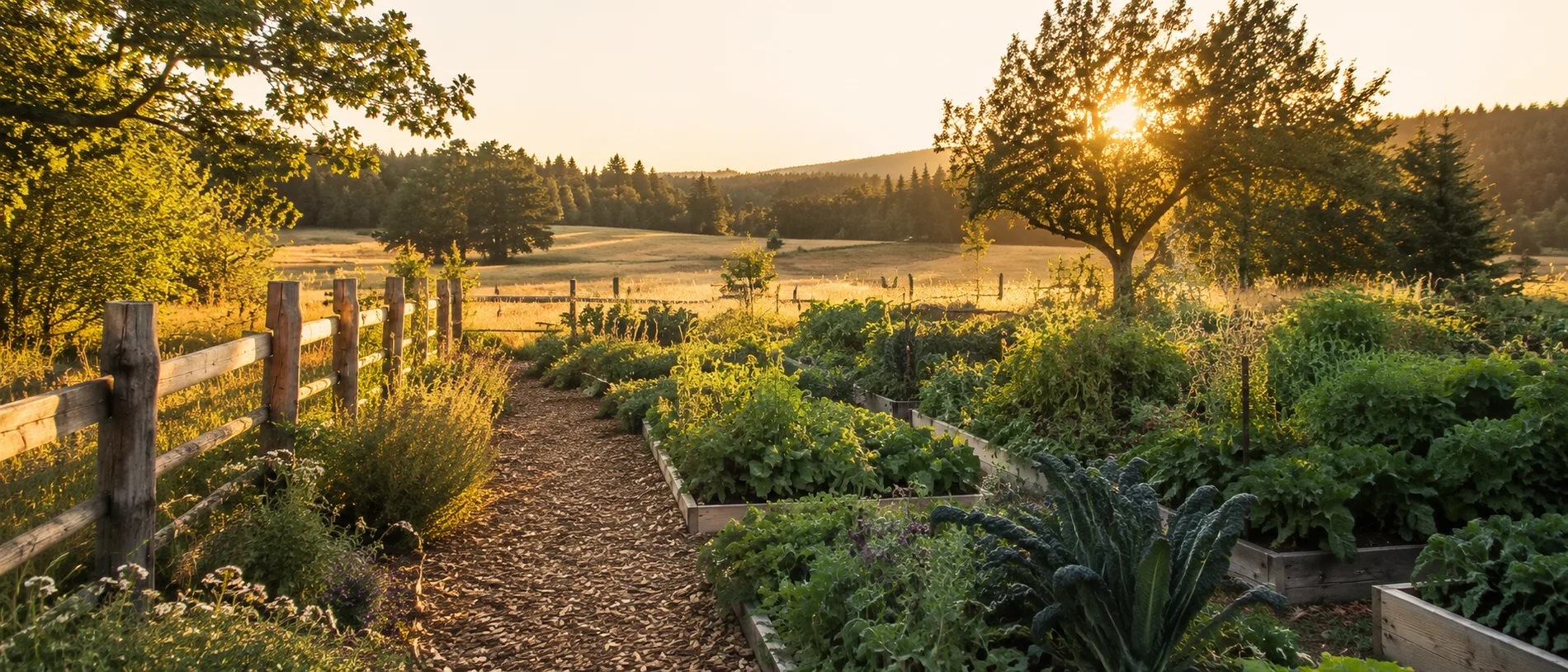 A garden path beside a wooden fence, raised vegetable beds, and open countryside at golden hour, representing the Gush-Tuss brand world