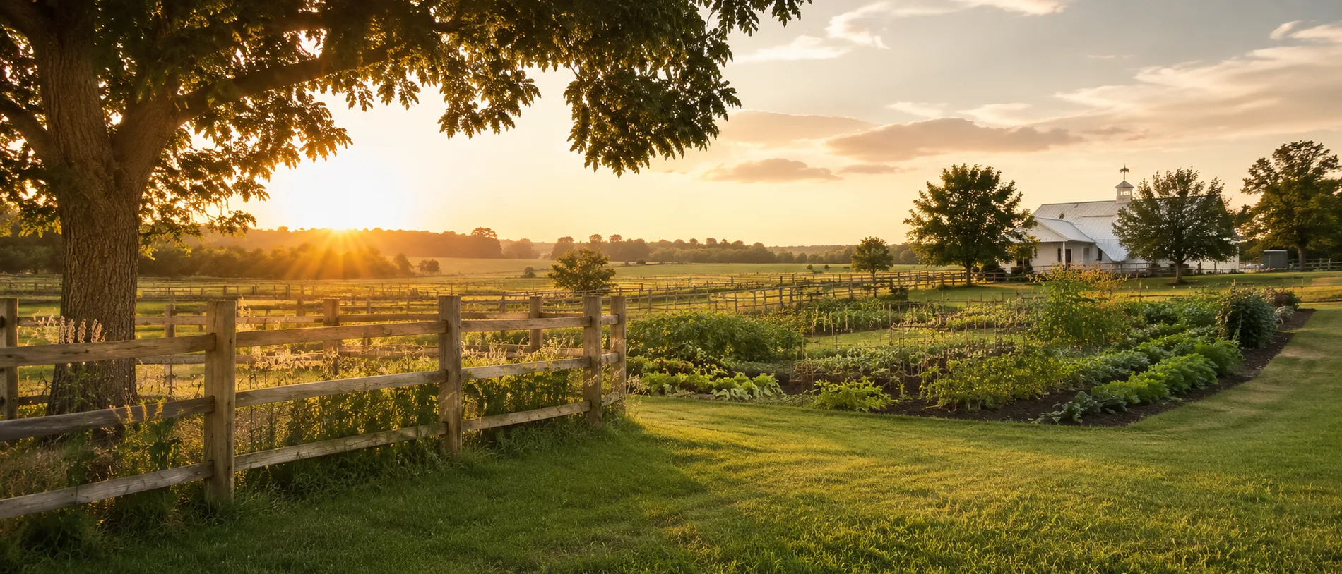 Farmhouse and garden at sunset, seen past a wooden fence and a large tree, in warm golden light