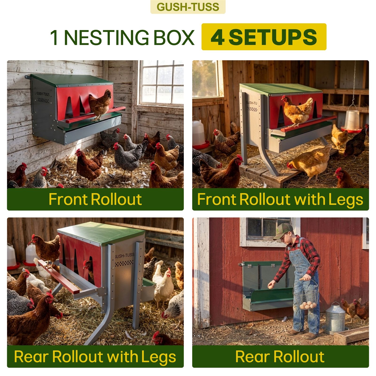 Gush-Tuss nesting box shown in a lifestyle setting with four different configurations