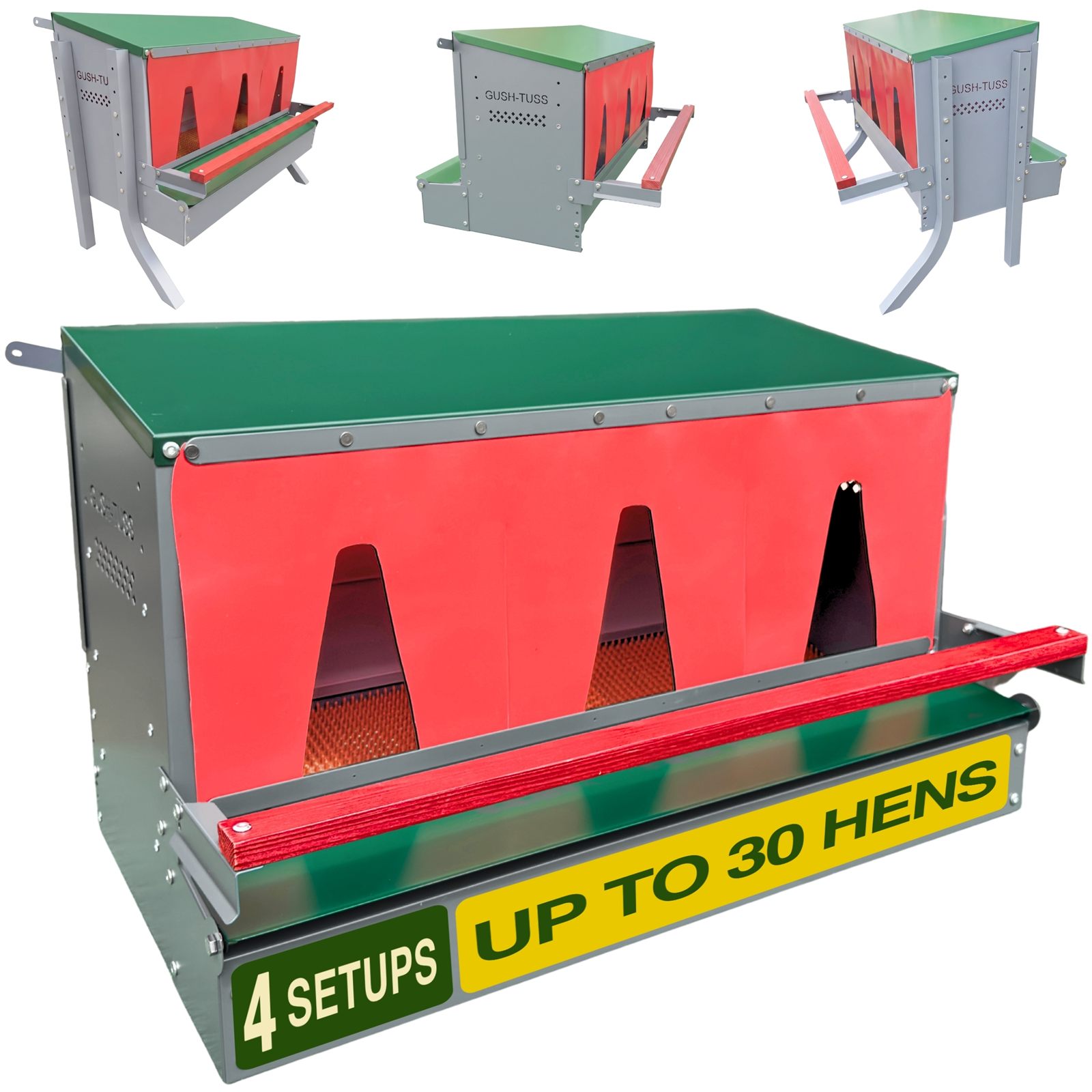Gush-Tuss Metal Roll-Out Chicken Nesting Box, main setup with three additional configuration miniatures